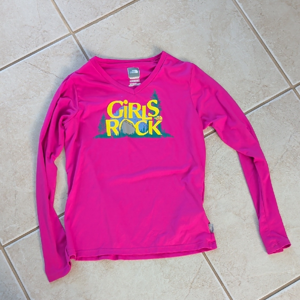 The North Face Girls Bright Pink Long-Sleeve Tee  with Yellow Graphic, Size 10